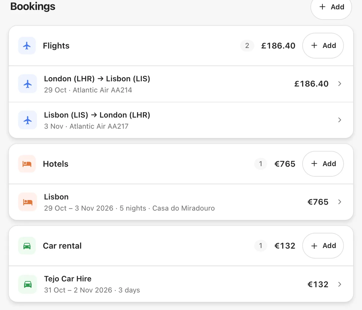 The Bookings section of an example Lisbon trip: two flights, a five-night stay and a three-day car hire, each with its cost, filed together in one list
