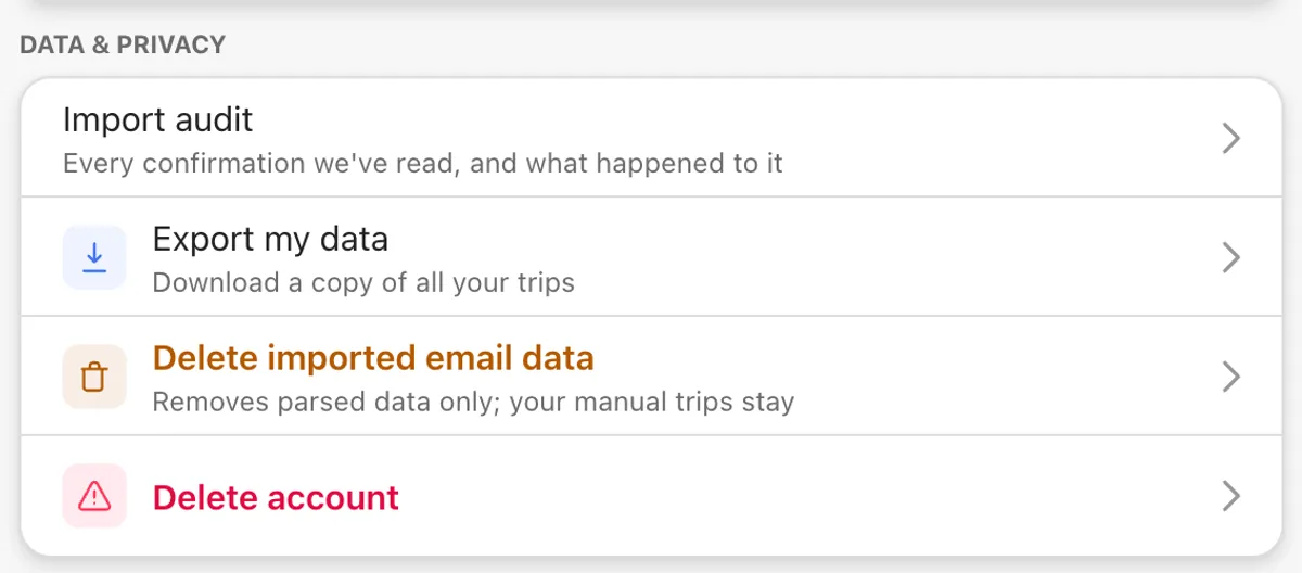 The Data and privacy section of Settings: Import audit, Export my data, Delete imported email data, Delete account