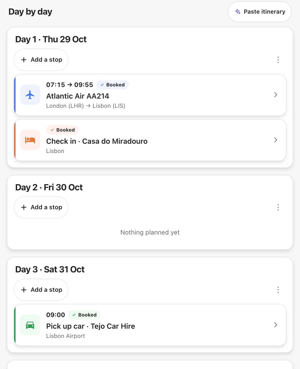 The Day by day view of an example Lisbon trip: the outbound flight and check-in on day one, the car pick-up on day three, each marked Booked on its date