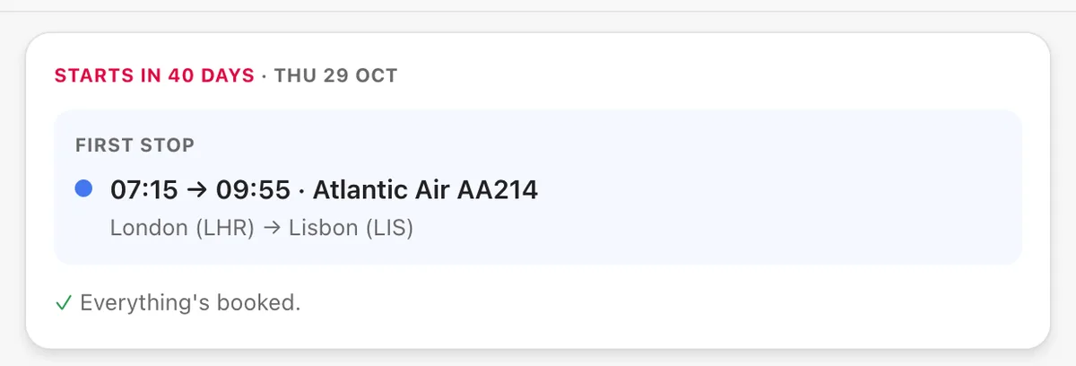 An example trip's first stop card: a morning flight, 07:15 to 09:55, London Heathrow to Lisbon, marked as booked